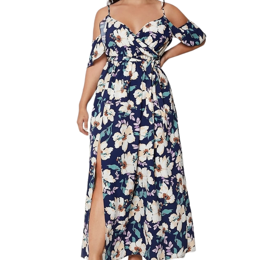 Navy Blue Floral Print Cold Shoulder Dress
